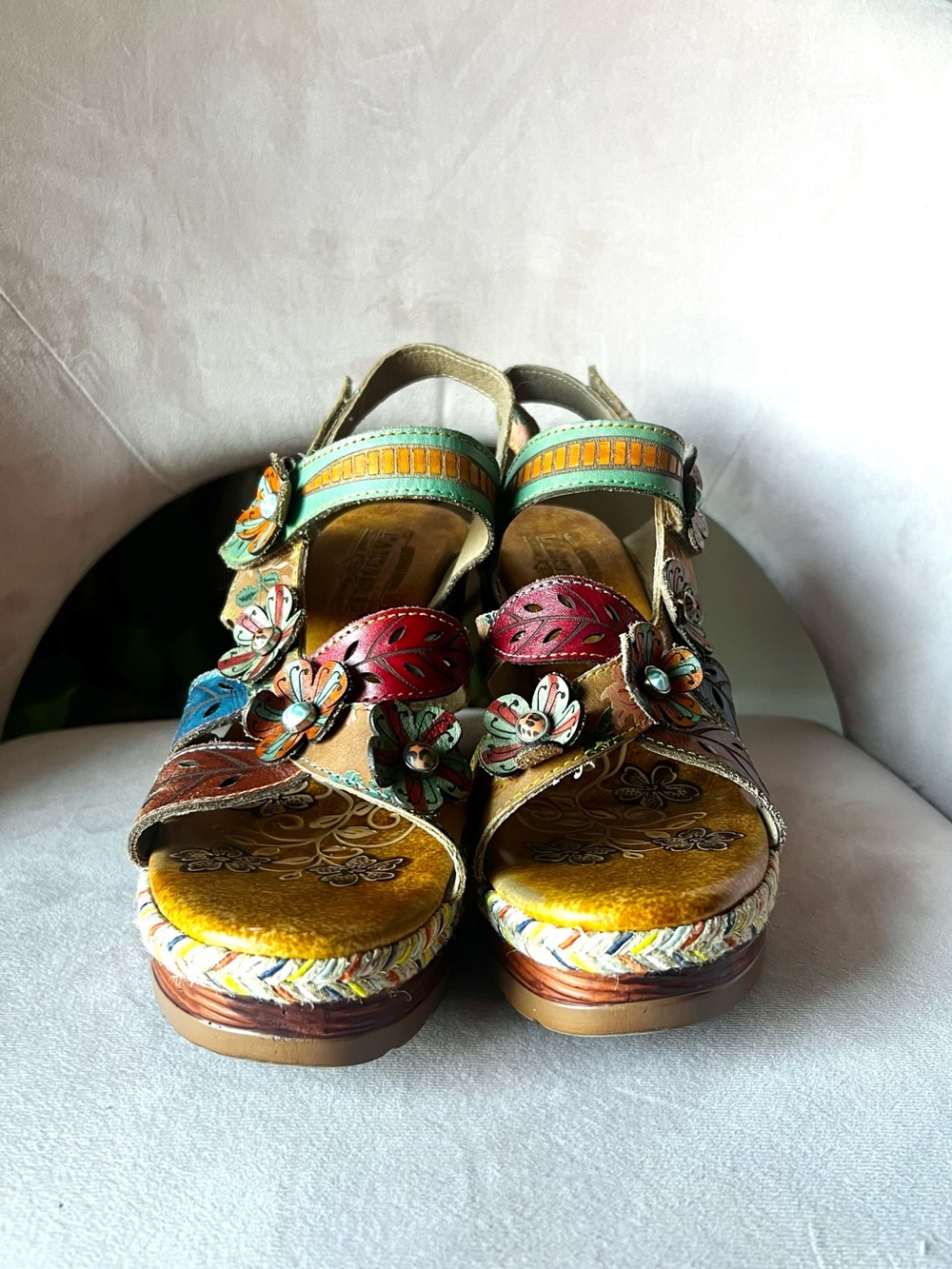 L’artiste Floral Leather Block Heel Sandals Size 41 - Boho Chic Platform - Picture 6 of 11